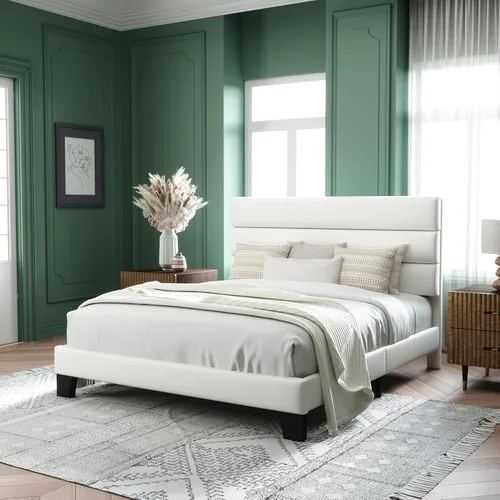 Miniatura 3 de Allewie Base de cama de plataforma tamaño Queen con cabecera tapizada de terciopelo y soporte de listones de madera, base de colchón completa,