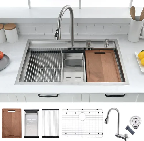 Miniatura 25 de Estación de trabajo de fregadero de cocina de 33 pulgadas - VOKIM 33 x 22 pulgadas, fregadero de cocina de montaje superior de 16 calibre, fregadero