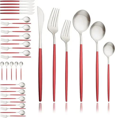 Miniatura 9 de JASHII Juego de cubiertos mate de 36 piezas con mango plano acabado satinado negro acero inoxidable cubiertos servicio para 6 para cocina casera