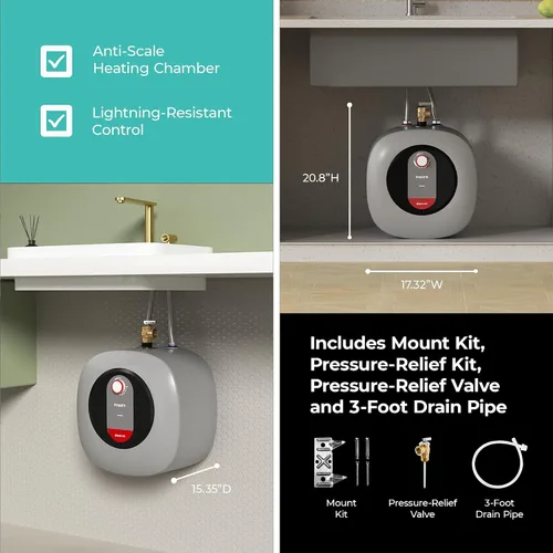 Miniatura 3 de Fogatti Mini calentador de agua eléctrico de 2.5 galones 1440 W, montaje en pared/piso, gris