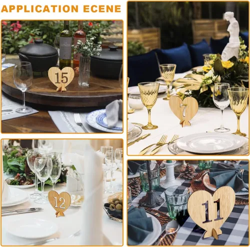 Miniatura 7 de Números de mesa de madera con forma de corazón del 1 al 20 con base de soporte, tarjetas de madera rústicas huecas para bodas, fiestas, decoración