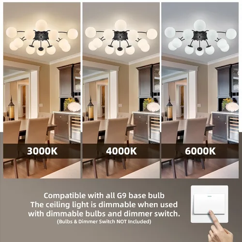 Miniatura 7 de Lámpara de araña Sputnik de 12 luces, color negro con burbujas de vidrio de leche Luces de techo semi empotradas, acento de flor, Art Deco