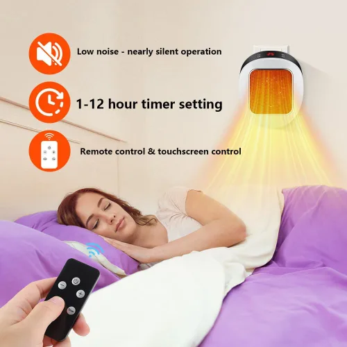 Miniatura 3 de Calentador de espacio portátil enchufable, 600 W, calentador de pared pequeño para uso en interiores, control remoto, temporizador de 12 horas, modo