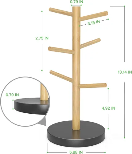 Miniatura 7 de Wisuce Soporte de bambú para tazas, base más gruesa, soporte para taza de café para mostrador, estante para tazas con 6 ganchos Base negra