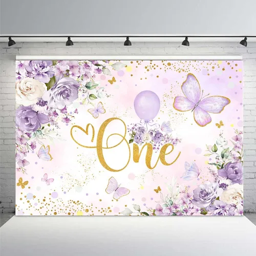MEHOFOND Telón de fondo de cumpleaños de un año para niñas de 7 x 5 pies, diseño floral morado, fondo de fotografía de Little Miss Onederful,