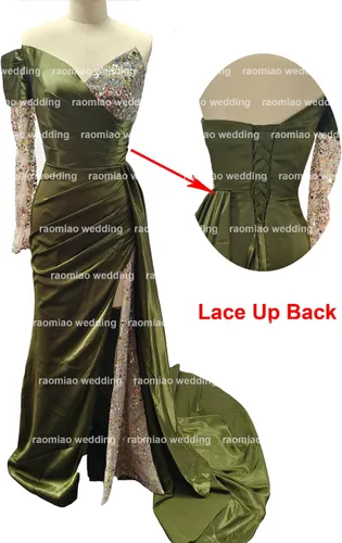 Miniatura 2 de Vestidos de fiesta de sirena con abertura, largos 2024, de un hombro, de satén, lentejuelas, vestidos de noche formales con mangas, color negro