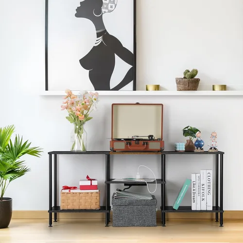 Miniatura 5 de OYEAL Soporte de TV Negro para Dormitorio con Tomas de Corriente para TV de hasta 50 Pulgadas, Pequeño Centro de Entretenimiento con Almacenamiento