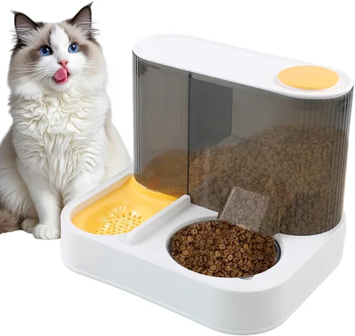 Miniatura 8 de Juego de dispensador automático de comida y agua para gatos, 2 en 1, comedero de gravedad todo en uno con tazón de comida para gatos de acero 【Gris】