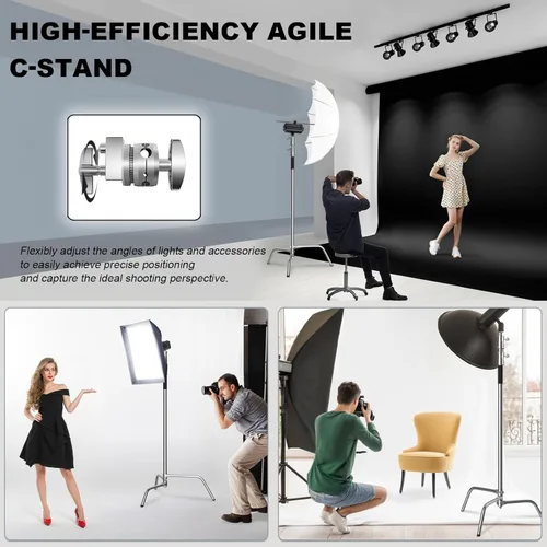 Miniatura 5 de Soporte C con brazo de pluma, kit de soporte de luz para fotografía - Soporte en C resistente con poste de acero inoxidable de 6.8 pies/210cm, brazo