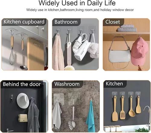 Miniatura 2 de Paquete de 24 ganchos autoadhesivos resistentes, 33 libras máximo, transparentes, impermeables, ganchos de pared adhesivos para llaves, baño, ducha