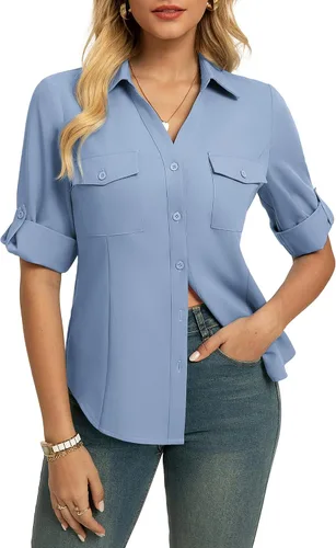 Miniatura 8 de GRACE KARIN Camisas con botones para mujer, cuello en V clásico, manga 3/4, blusas básicas elegantes sin arrugas