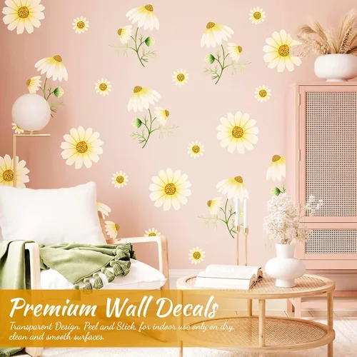 Miniatura 3 de Calcomanías de pared de margaritas para despegar y pegar, calcomanías de pared de vinilo con margaritas amarillas extraíbles, decoración de pared