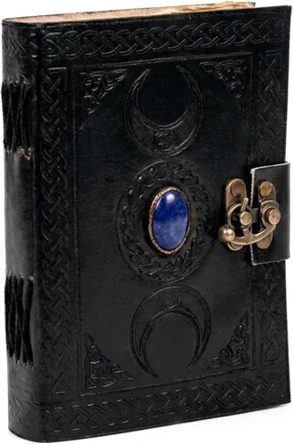 Diario de cuero negro Lapiz 3 estilo vintage con luna en relieve | Antiguo papel artesanal con borde de tocado de la época, diario de dibujo,