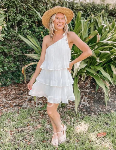 Miniatura 6 de ZESICA Vestido corto bohemio de verano para mujer, con un hombro, sin mangas, con volantes, escalonado, de gasa, plisado, acampanado, para mujer