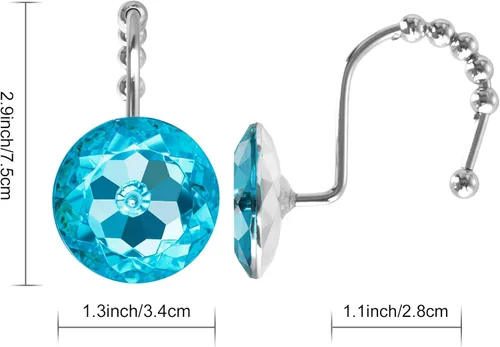 Miniatura 2 de Sunlit Diseño de Lujo Redondo Aqua Azul Diamante Cristal Gema Bling con Bolas Deslizantes Ganchos para Cortina de Ducha, Anillos para Cortina
