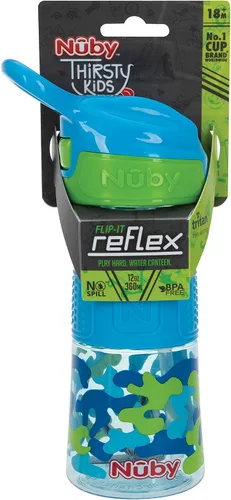 Miniatura 8 de Nuby Thirsty Kids Flip-It - Vaso para beber sin derrames con boquilla suave, 12 onzas, más de 18 meses, color camuflaje aguamarina, esenciales
