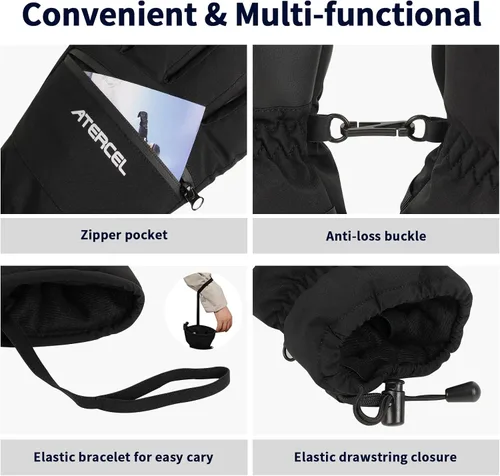 Miniatura 5 de ATERCEL Guantes de esquí impermeables, guantes Thinsulate cálidos 3M, pantalla táctil, ideales para hombres y mujeres en esquí, snowboard, motos