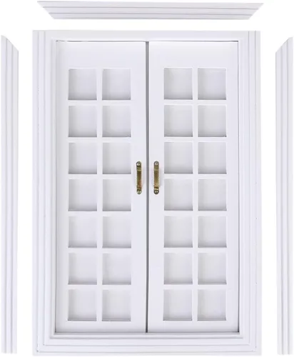 Miniatura 5 de 1/12 Casa de muñecas Madera Blanca Puertas Francesas Dobles Ventana con Cortina DIY