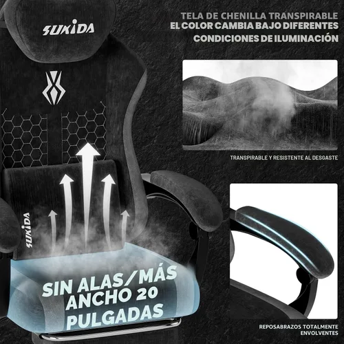 Miniatura 7 de SUKIDA Silla ergonómica de videojuegos de tela, sillas ergonómicas de respaldo alto para juegos de computadora con gran masaje ajustable, soporte