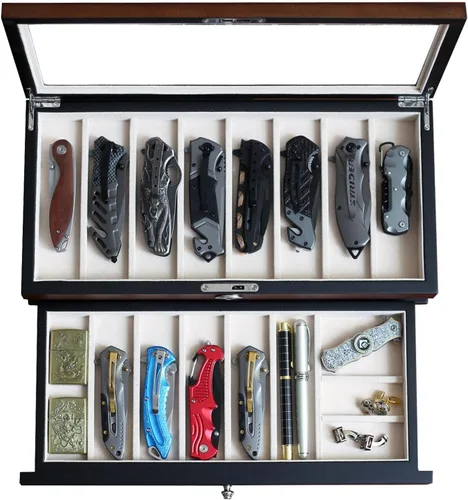 Estuche Expositor de Cuchillos de Bolsillo para Hombre, Soporte para Colección, Cuchillo Plegable de 15-17 Pulgadas con Acabado de Nogal, nogal