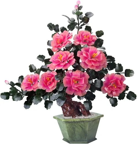 Plantas artificiales de simulación en maceta, árbol bonsái, plantas artificiales de jade en maceta, flor de peonía, árbol artificial tallado de