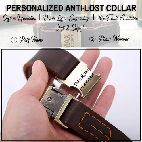 Miniatura 5 de Collar de cuero personalizado para mascotas, collar de perro personalizado con placa de identificación grabable, collar transpirable con hebilla
