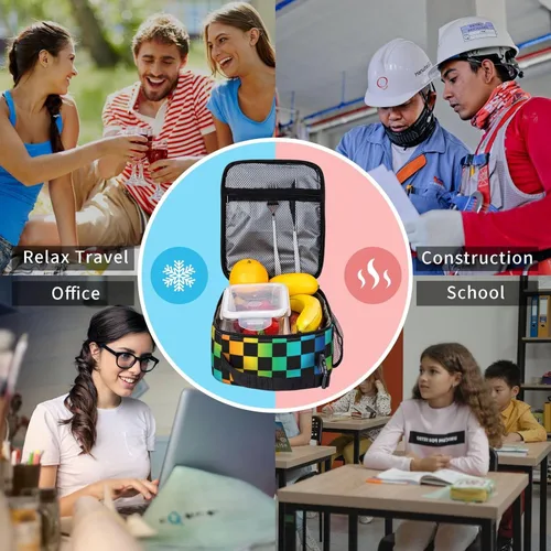 Miniatura 7 de Bolsa de almuerzo a cuadros negra y arco iris, portátil, reutilizable, con cremallera, para picnic, trabajo, oficina, viajes, escuela