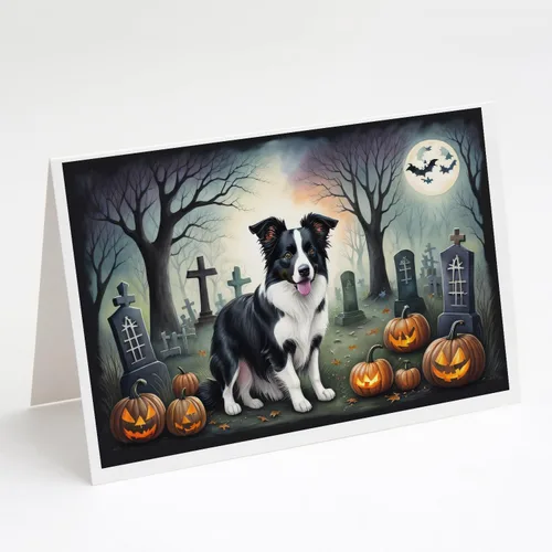 Caroline's Treasures DAC2018GCA7P - Tarjetas de felicitación y sobres de Halloween espeluznantes de Border Collie, paquete de 8 tarjetas en blanco