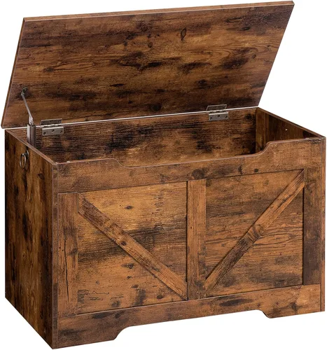 HOOBRO Banco de almacenamiento, baúl de almacenamiento de madera retro de 29.5 pulgadas con tirador recortado en forma de U, bisagra de seguridad,