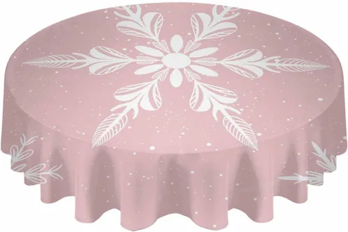 Miniatura 2 de Mantel redondo de Navidad con diseño de copo de nieve rosa de 54 pulgadas, protector de tela impermeable, mantel de Navidad con copos de nieve
