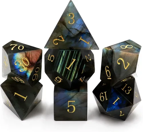 Haxtec - Juego de dados de piedras preciosas de labradorita y piedra lunar, dados poliédricos DND con estuche premium compatible con juegos de mesa