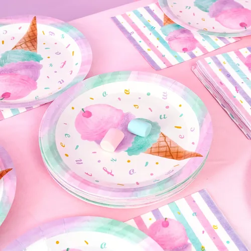 Miniatura 3 de WERNNSAI Platos y servilletas para fiesta de helados, sirve para 50 invitados, 100 piezas, suministros de fiesta temática de helado dulce rosa