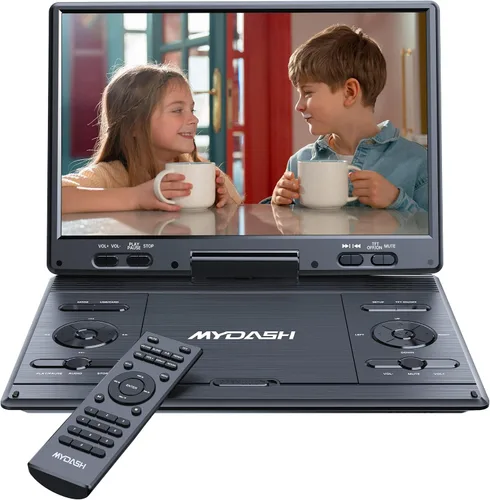 MYDASH Reproductor de DVD portátil de 14.9" con pantalla giratoria de 12.5" - Reproductor de DVD recargable para coche, portátil y de viaje,