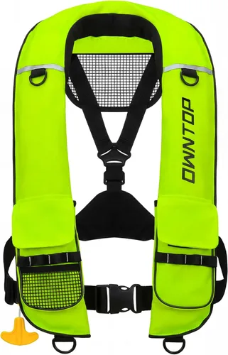 Owntop Chaqueta de natación inflable para adultos, convertible automática/manual, cuello de neopreno, bolsillos grandes con solapa y trabillas de