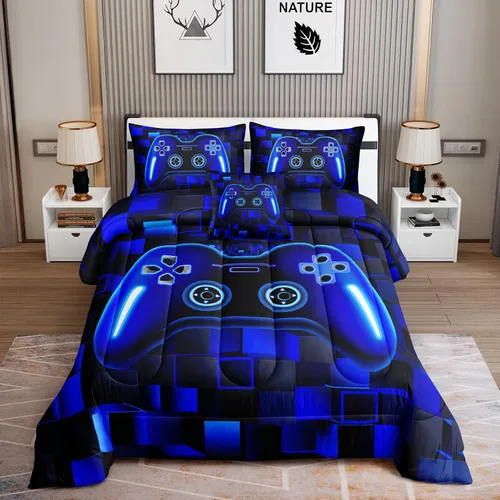 ROWADALO Juego de ropa de cama de 5 piezas para niños, juego de edredón para jugadores en una bolsa, juego completo con edredón, sábanas, sábana