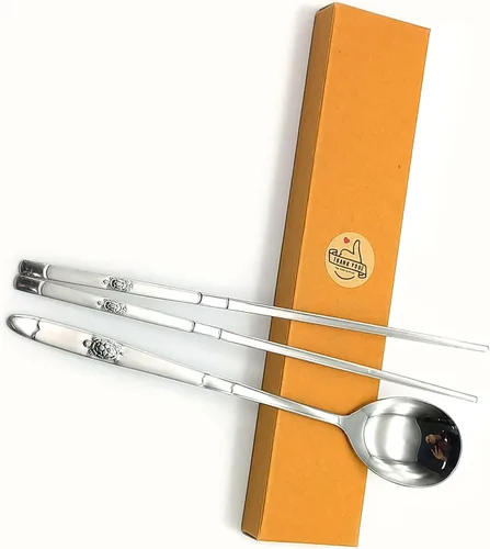 Miniatura 2 de SUPIA Cubertería tradicional coreana de acero inoxidable cucharas y palillos juego de vajilla con mano larga, reutilizable (tortuga plateada)