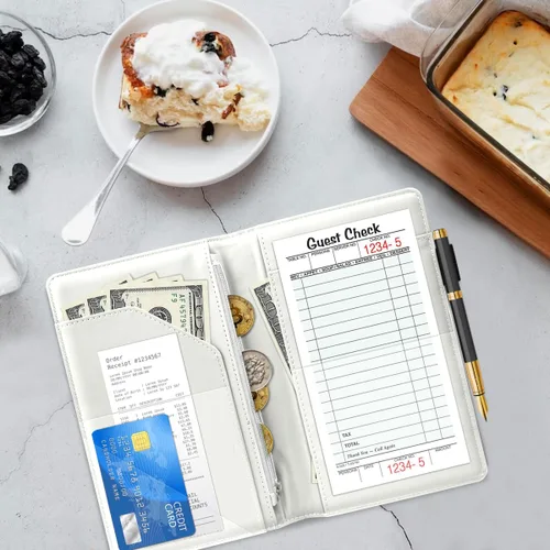 Miniatura 6 de Lindas libretas de servicio para camarera y camarero, libreta de notas de invitados de piel con cremallera, organizador de dinero y cartera