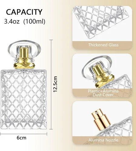 Miniatura 2 de Botella de perfume recargable de vidrio grueso de alta calidad de 3.4 fl oz (3.4 oz) con pulverizador dorado, incluye embudo, gotero de 0.1 fl oz