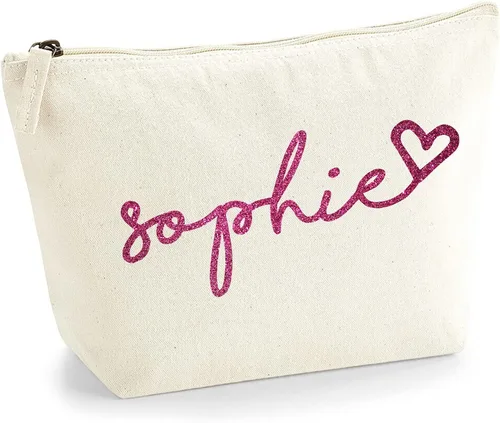 Miniatura 22 de Bolsa de accesorios de maquillaje con iniciales de nombre escritas a mano personalizadas en color negro con purpurina o textura de flocado