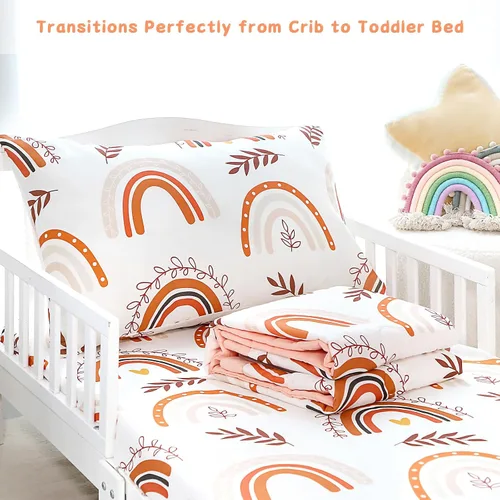Miniatura 4 de Pea Pod Juego de ropa de cama de muselina para niños pequeños arcoíris de 3 piezas - Ropa de cama suave y transpirable para cuna con sábana