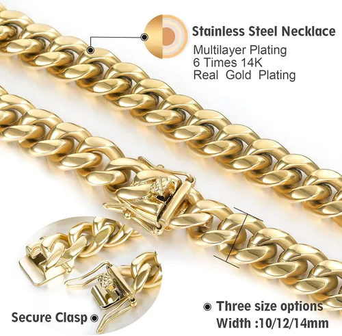 Miniatura 2 de Zsllzm Cadena de eslabones cubanos Miami para hombre chapada en oro de 14 quilates acero inoxidable sólido joyería Hip Hop de 0394in0472in0551in