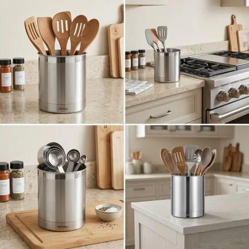 Miniatura 5 de KSENDALO Soporte para utensilios de acero inoxidable de 7 x 7 pulgadas para encimera, organizador redondo de utensilios para cucharas, cubiertos