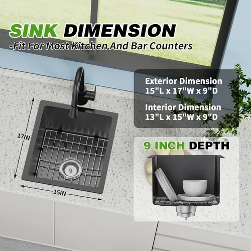 Miniatura 4 de Fregadero de cocina y bar negro de 15 x 17 pulgadas, fregadero de acero inoxidable con rejilla SS, alfombrilla de silicona, colador, colador