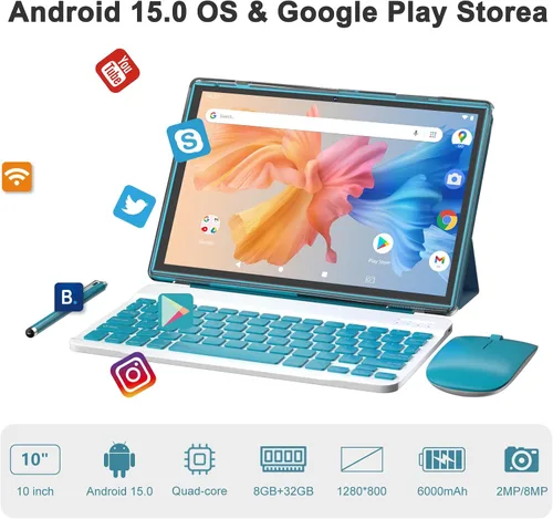 Miniatura 4 de Tablet Android 15 de 10 pulgadas con lápiz capacitivo de teclado, 8 GB de RAM 2 en 1, incluye mouse y funda protectora, batería de 6000 mAh, Wi-Fi