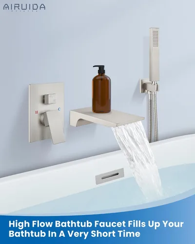 Miniatura 2 de Airuida Grifo de bañera de montaje en pared con boquilla de cascada, grifo de bañera montado en la pared con ducha de mano de una sola manija, juego