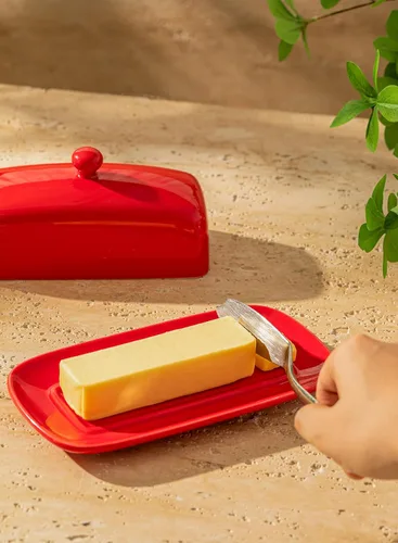 Miniatura 5 de Sweese - Mantequilla de porcelana con tapa, soporte de mantequilla de 7.8 pulgadas con cubierta de asa, recipiente de mantequilla perfecto para Rojo