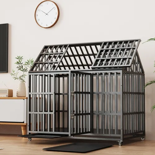 Miniatura 12 de Jaula plegable indestructible para perros con ruedas, jaula de metal resistente a prueba de escapes de 48 pulgadas para perros grandes y medianos