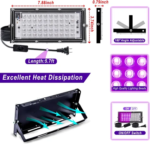 Miniatura 2 de Paquete de 4 Luces Negras de 50W, Luz de Inundación LED Blacklight con Enchufe de EE.UU. e Interruptor, Luces Negras para Fiesta Brillante