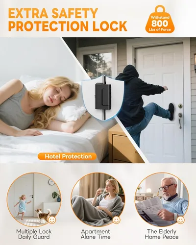 Miniatura 8 de Cerradura de Puerta Portátil para Viaje, Refuerzo de Puerta Ajustable Sin Taladrar, Pestillo de Parada Extra para Habitación de Hotel, Apartamento