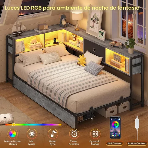 Miniatura 6 de Hasuit Marco de cama de esquina individual con cajones de almacenamiento y cabecera de estantería, marco de cama esquinero de plataforma de metal
